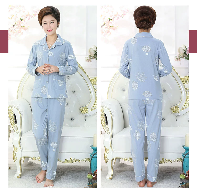 Bộ đồ ngủ của mẹ trung niên XXXXL mùa xuân và mùa thu cotton dài tay đồ ngủ đẹp