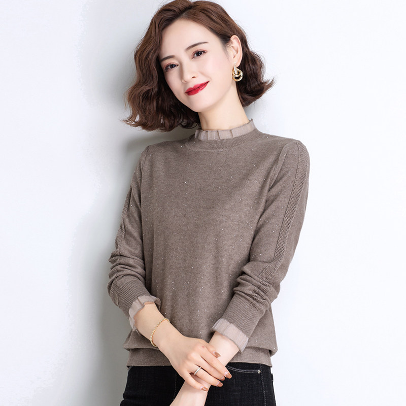 2022 New Sheep Sweatshirt Lady Sweater Agaric Side Lace Half High Collar Knit Undershirt Spring Autumn Foreign Pie