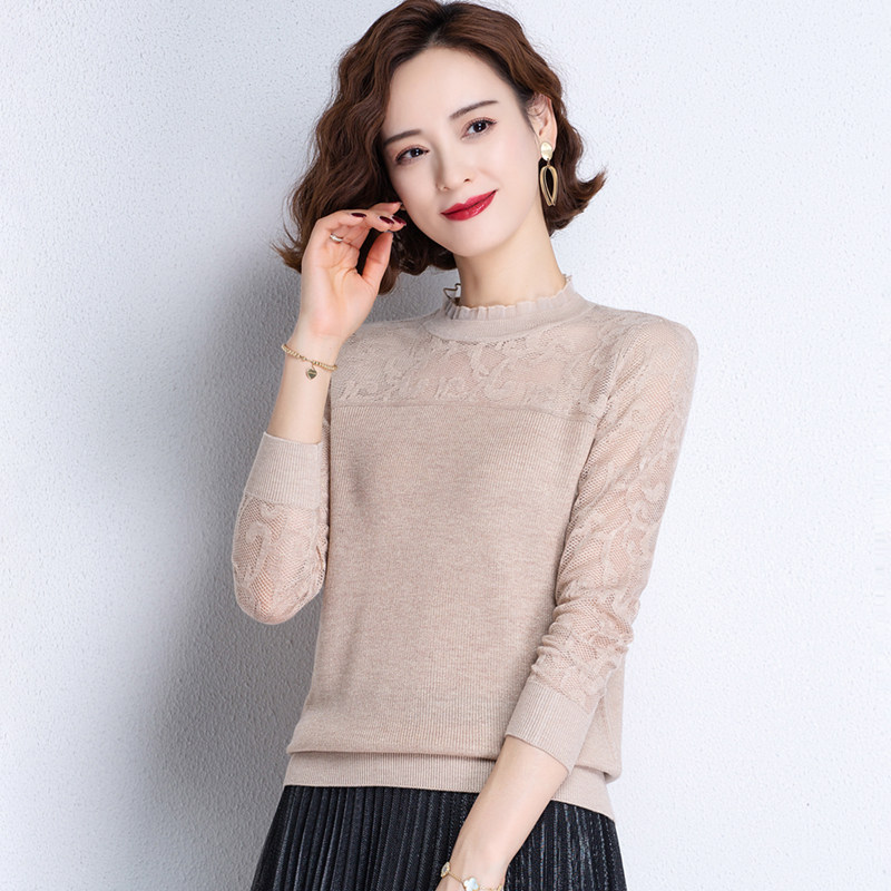 Women's Dress 2021 New Early Spring Blouses Low Round Collar Hollowed-out Thin sweater Knitted Bottom Jersey