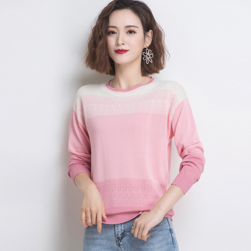 Women's Clothing 2022 Spring Autumn Season New Ice Silk Long Sleeve Knitwear Splice T-shirt 100 Hitch Outside Wearing Clothes Loose