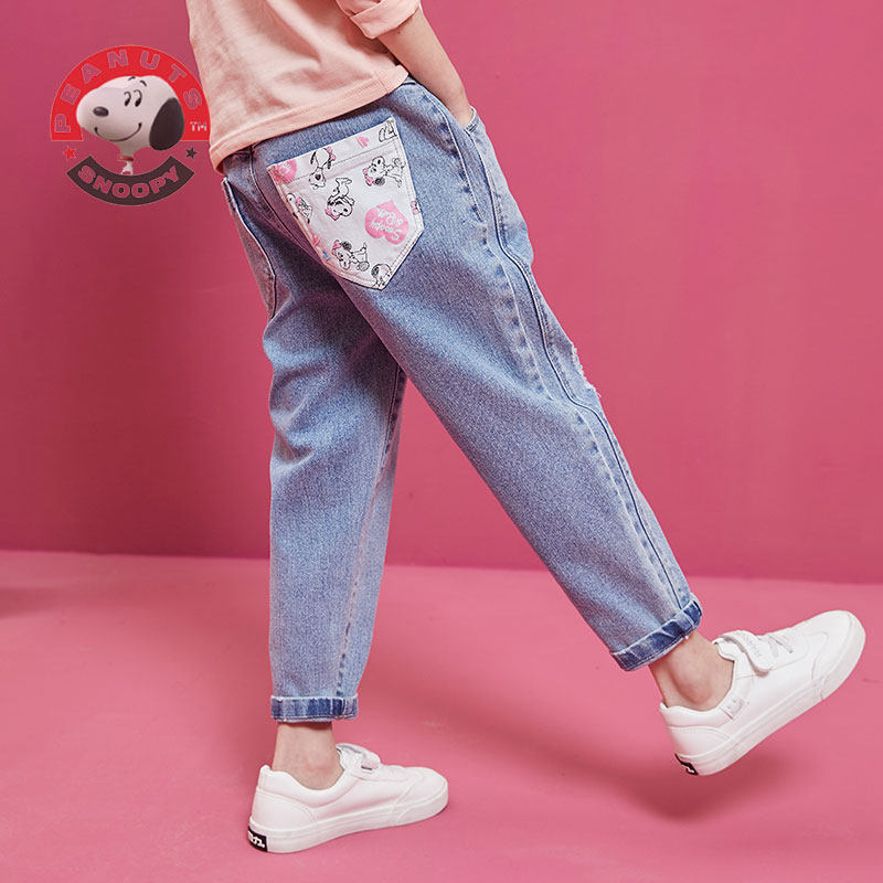 Snoopy girls girls' jeans 2022 spring and autumn new elastic waist Korean version straight tube slim waist small feet trousers trend