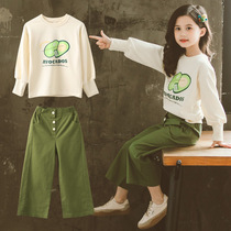 Girls loose sports spring and autumn suit 2021 new middle and large children Korean version wide leg pants Western style childrens two-piece set