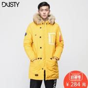 DUSTY tide thương hiệu nam mùa đông cổ áo lông trùm đầu phần dài ấm áp màu vàng bông phù hợp với màu sắc tương phản pocket coat jacket