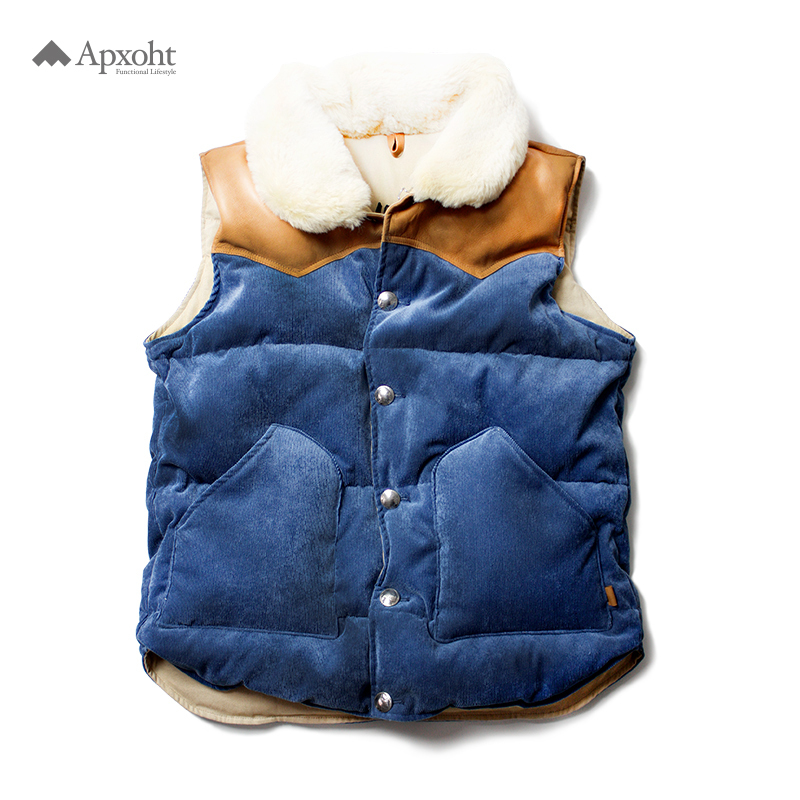 Instructor tactical down vest Vintage style high-end real wool collar Sheepskin corduroy tough guy antique buttons