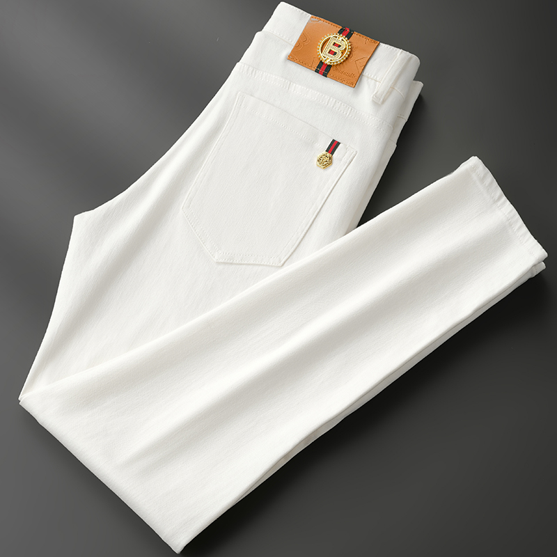 Italian High-End Trendy Brand Spring New Style Youth Elastic Slim Straight White Decorative Jeans Men's Trousers