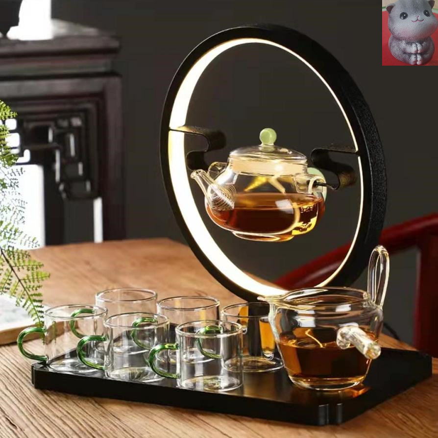 Nameplate tea set high-end light extravagant tea maker luminous lamp ring rotating teapot automatic high boron silicon glass tea set cover