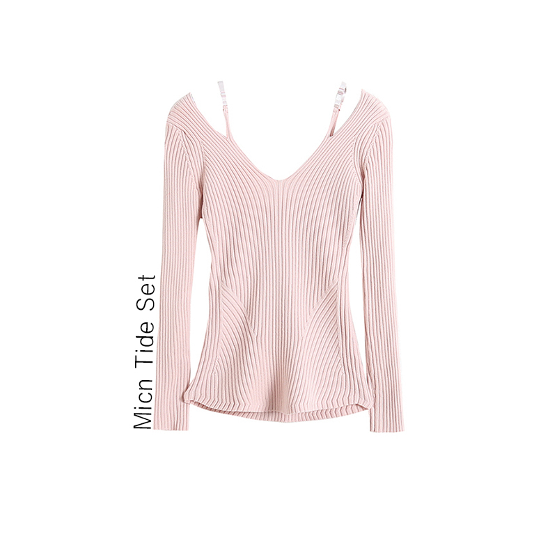 Bm Micn~ Park Soo-Jin's Same Style Pink V-Neck Knit Top, Off-Shoulder Fake Two-Piece, Pure and Alluring Style, Slim-Fitting Base Top