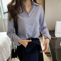 Spring 2021 new big code womens clothes Loose Vertical Striped Shirt Woman Fat MM Long Sleeve Shirt With Undershirt Tide