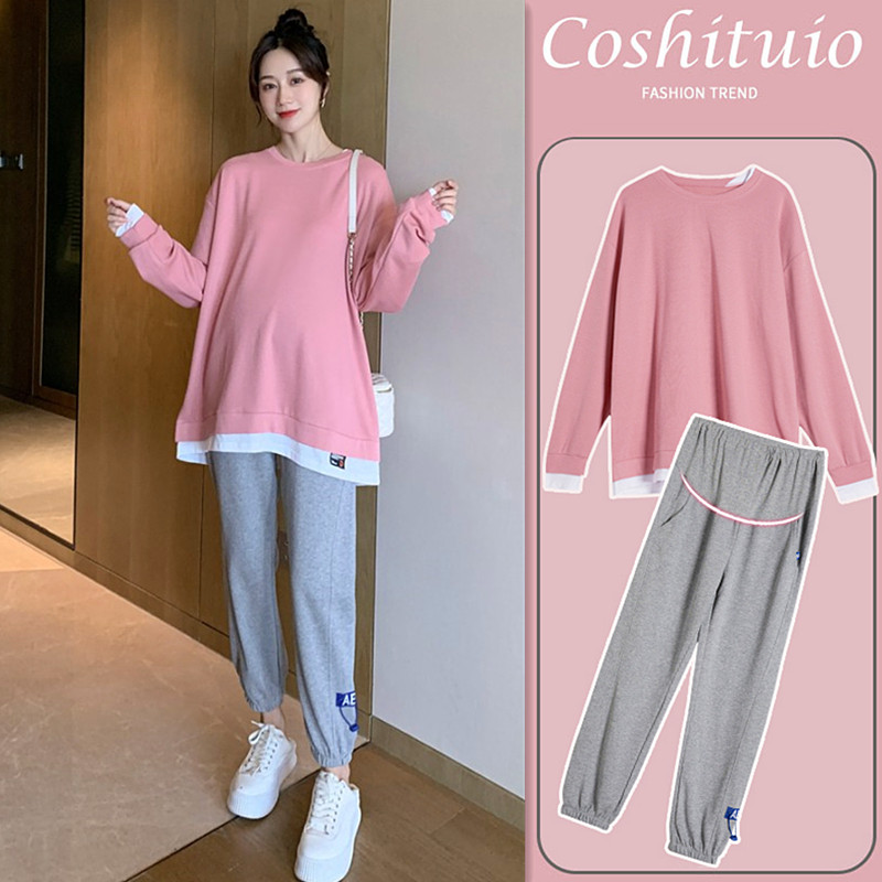 Pregnant women's autumn clothing suit 2021 new stylish gestational maternity dress blouses spring and autumn with long sleeves pink loose sweatshirt autumn