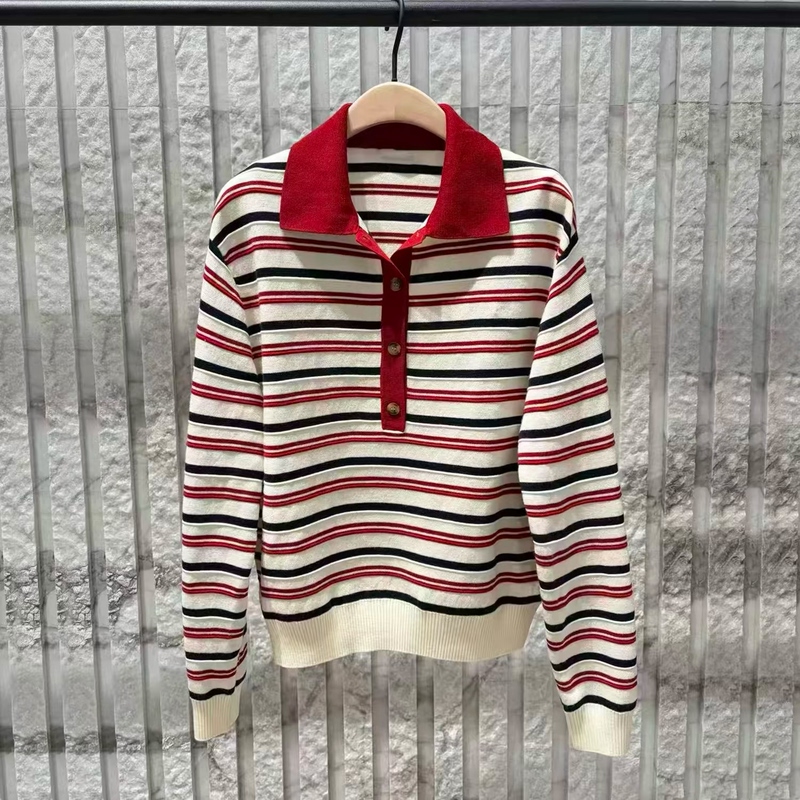 [C Series] Genuine Wool Sweater 2026 Winter New Product Sheep Wool Retro Red and White Striped Short Style Mbf4Swt004
