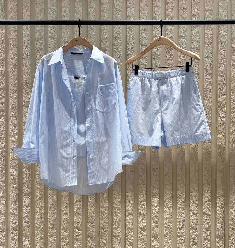 Authentic Set 2026 Summer New Product Shirt, Vest, Shorts Three-Piece Set, Lightweight Long-Staple Cotton Striped Mbf2Sut003
