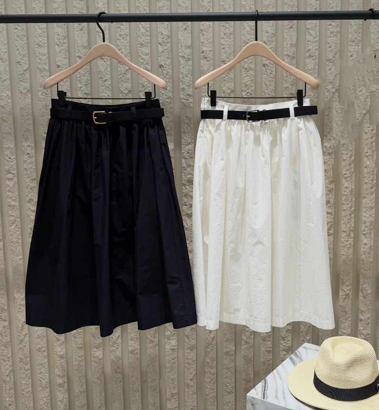 Authentic Skirt with Belt 2026 Summer New Product Salt-Shrunk Pima Cotton Mid-Waist White Black Mbf2Skt003