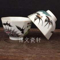 Jingdezhen Cultural Revolution Porcelain Factory-made Ceramics Pastel Hand-painted Swallow Octagon Small Tea Bowl Tea Cup Tea Cup