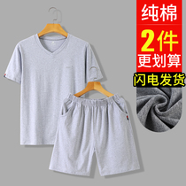 Mens V collar short sleeves shorts thin with big code pure cotton loose Sleepwear mens home Sleeping Pants Suit Summer Tshirt