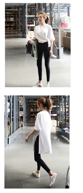 Mùa hè phiên bản Hàn Quốc mới của phần dài lỏng lẻo chia cỡ lớn cotton hoang dã áo thun trắng ngắn tay áo thun nữ