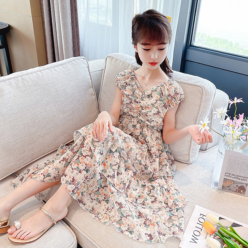 Girl Ocean Dress Summer Dress 2022 New Foreign Pie Summer Short Sleeve Snowspinning Princess Nepotism Dress Children Beach Crumbley Long Dress