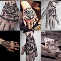 Dark Black Hand Back Tattoo Sticker Male Black Finger Fingers Flower Hand English Personality Social Currents Ins Wind Net Red