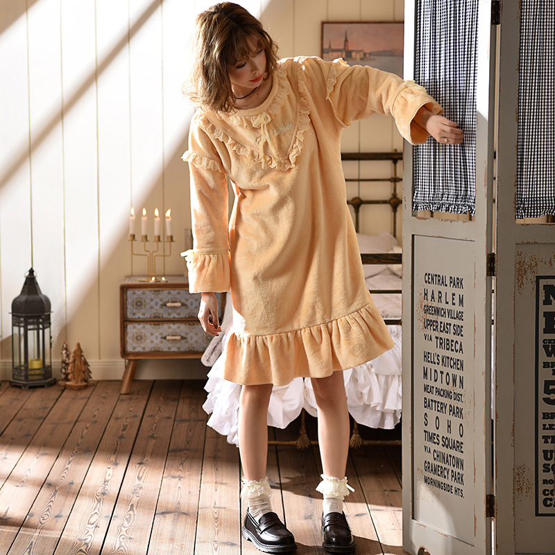 Nightgown pajamas Ladies Winter Flannel Thin Mid Skirt Princess Wind Plus Velvet Coral Velvet Keep Warm Autumn Winter Mark Princess