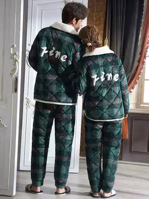 Couple pajamas women's winter plus velvet thickened three-layer padded warm quilted jacket ultra-thick home service suit men's autumn and winter