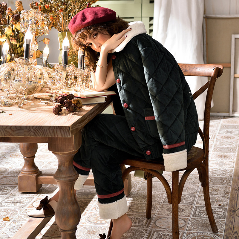 Women's autumn and winter pajamas three-layer quilted plus velvet thickened warm coral fleece plus cotton home service suit super thick