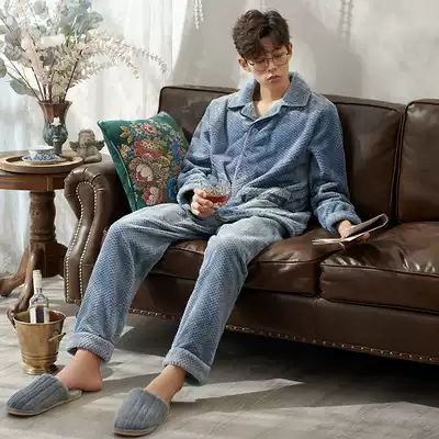 Pajamas men autumn and winter coral velvet padded flannel student flannel home suit winter