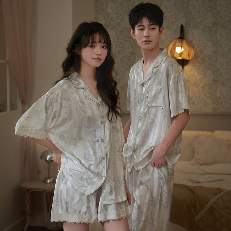 Mark Princess Couple Pajamas Summer 2026 New Cool Ice Silk High-End Chinese Style Bamboo Leaf Short-Sleeved Men's and Women's Homewear Mark Princess Couple Pajamas Summer 2026 New Cool Ice Silk High-End Chinese Style Bamboo Leaf Short-Sleeved Men's and Women's Homewear