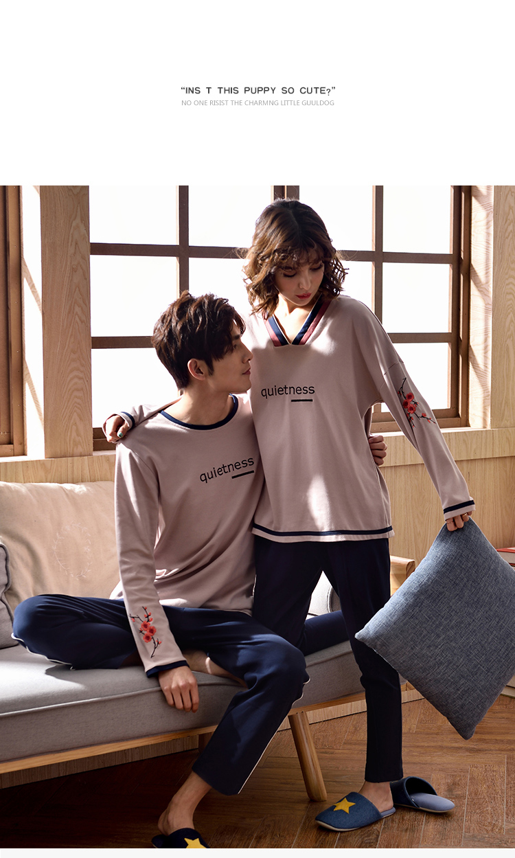 Đồ ngủ couple phù hợp với mùa xuân và mùa thu cotton dài tay phần mỏng vòng cổ nữ dịch vụ nhà phù hợp với V-Cổ nam đồ ngủ thêu đồ ngủ pijama