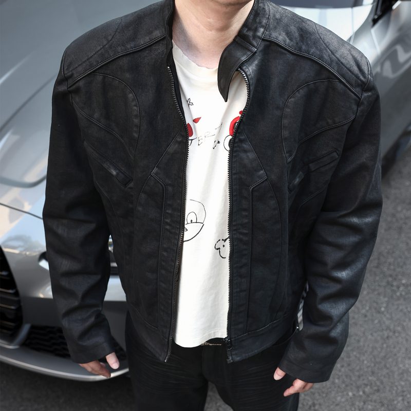 Dode【Steel-Cutting】Waxed Coating Motorcycle Jacket Deconstructed Avant-Garde Dark Loose Shoulder-Padded Short Wide National Trend Coat
