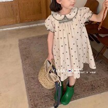 Korean version of girl doll collar foreign princess Liandress 2022 Summer new girl Bubble Cuff Printed Skirt