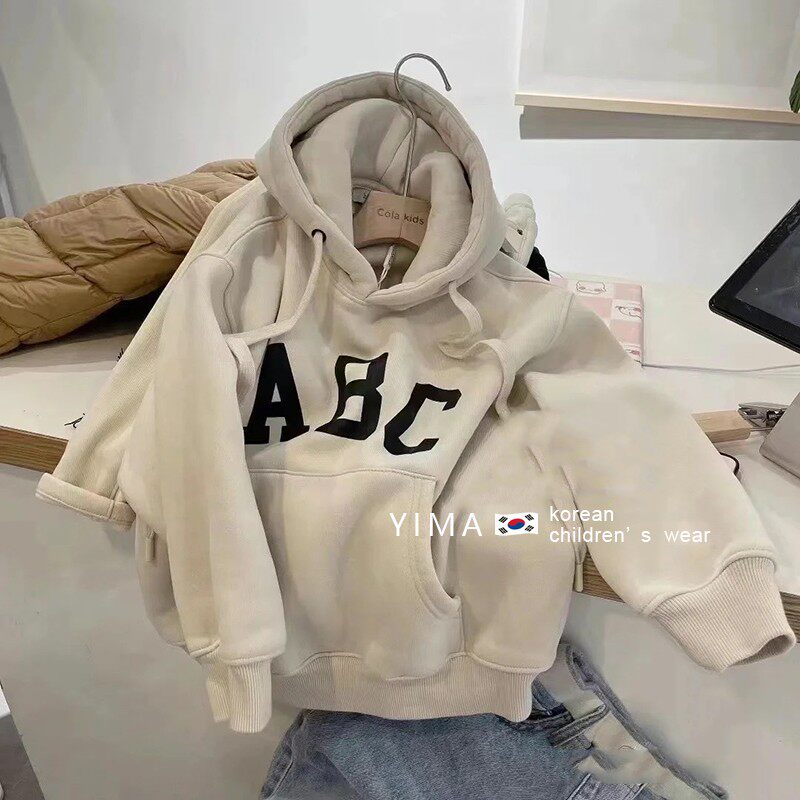 South Korean children's clothing 2022 Spring loaded boy girl letters thick cotton T foreign pie trendy pure cotton even cap loose children's blouses