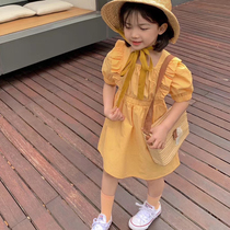 Girl Bubble Cuff Net Red One-piece Dress Summer Dress Children Pure Cotton Yellow Skirt Foreign Air Korean Version Baby Princess Dress