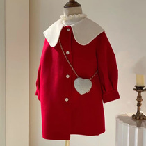 Korean childrens clothing girls red woolen coat 2024 autumn fashion style childrens double-sided woolen coat mid-length top