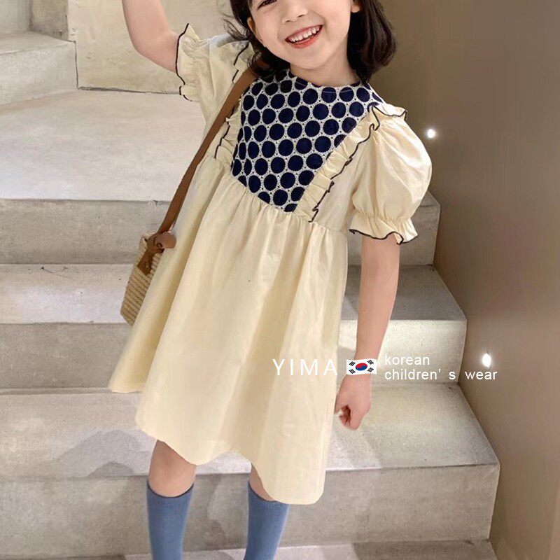 Korean version of the net red girl puff sleeve dress 2022 summer dress little girl fairy short-sleeved polka dot Western style princess dress