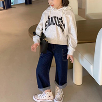 Childrens sweatshirt jeans Two sets of Korean childrens clothing 2022 Chunqiu girl foreign air small fragrant wind mesh red suit