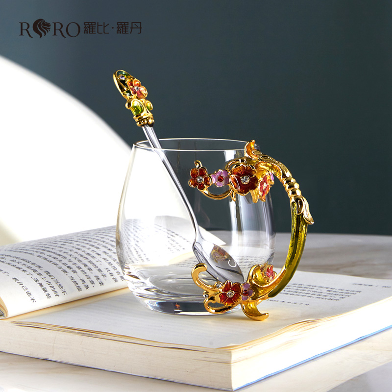 Robbie Rodin enamel Enamel Creative Water Cup Ins with spoon Coffee Glass Cup Home Office Men and women Flower tea cups