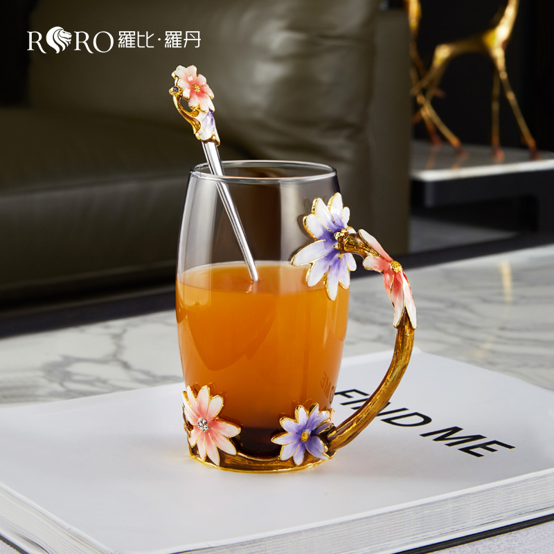 Robbie Rodin glass creative flower tea cup coffee cup enamel color water cup home cup gift spoon