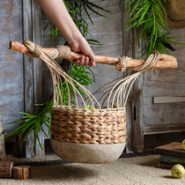 Juhan creative cattail willow ikebana basket flower arrangement flower arrangement ornaments retro flower basket wooden base storage basket