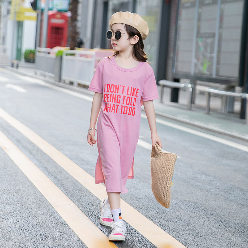 South Korea 2021 new summer girls' short-sleeved dress children's clothing Korean version of the backless skirt middle and big children's cotton long skirt