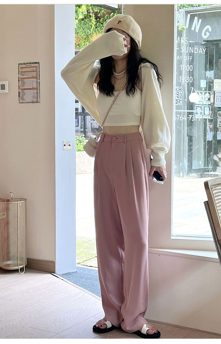 粉色阔腿裤女春秋新款高腰垂感宽松显瘦西装拖地裤夏季休闲直筒裤详情19