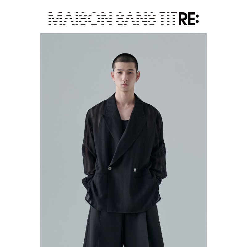 Re: by Maison Sans Titre Original Design Black Thick Striped Texture Sheer Double-Breasted Shirt