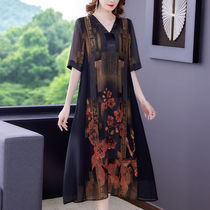 Xiangyunsha silk dress summer new middle-aged and elderly mothers large size color mid-length mulberry silk womens clothing