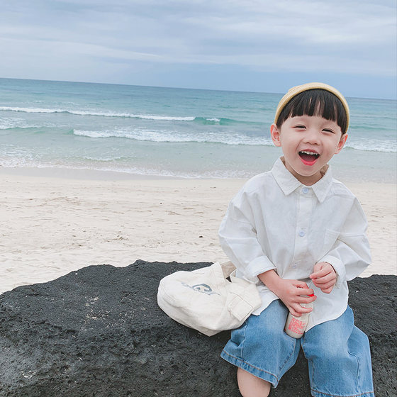 Boys' white shirt, baby boy's lapel shirt, 2022 spring and autumn new style children's Korean style solid color top