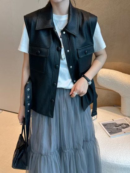 欧洲站2025春装新款欧货街头风休闲收腰系带皮衣马甲女春秋坎肩潮