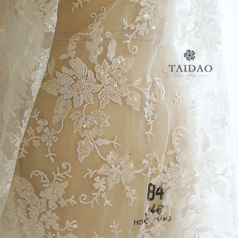 Taidao embroidery lace mesh fish scale fabric L315 white shiny sequins wedding fabric Dress clothing fabric