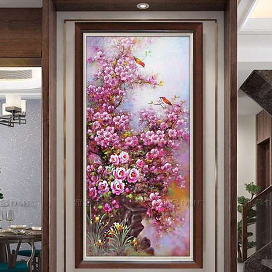 Printed authentic DMC cross-stitch kit, new Chinese style living room, entrance aisle, birds singing, flowers fragrant, wealth filling the house