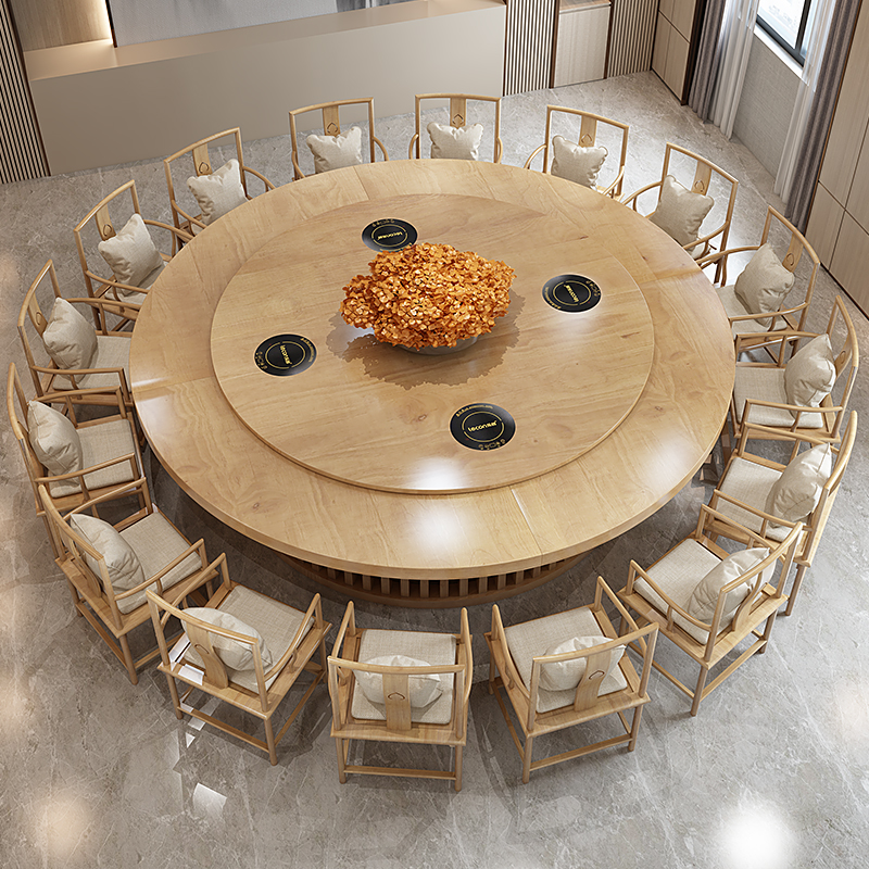 New Chinese hotel electric dining table Solid wood large round table Automatic rotating dining room Hot pot club table Hotel table and chair