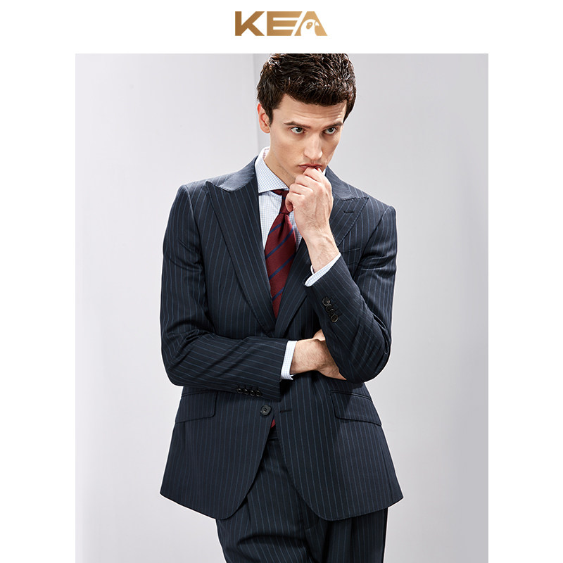 KEA Willpower Gun Refute Collar Wool Suit Suit Men's Hidden Green Vertical Stripes Manmade Business Casual Dress Suit