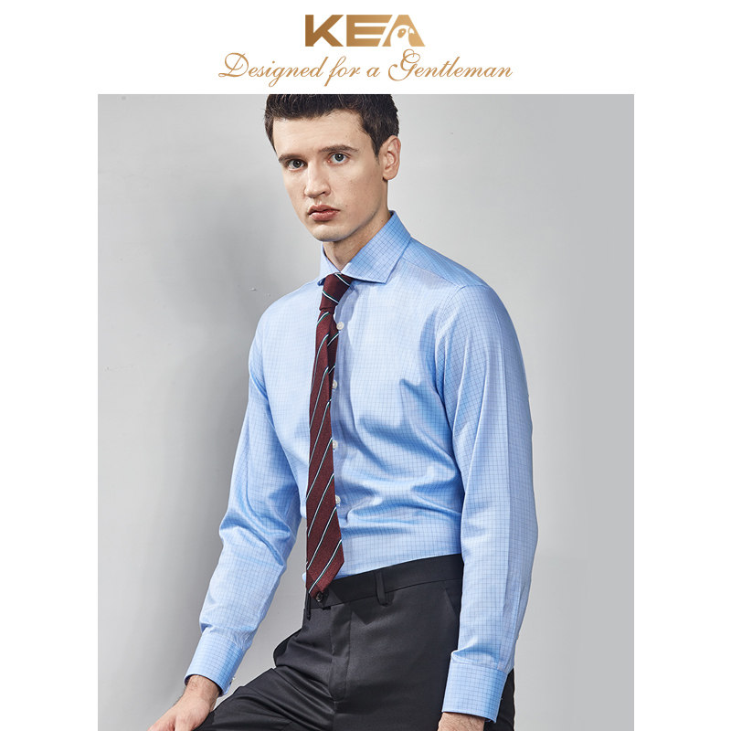 KEA Willpower Shirt Male Long Sleeve Body Business Casual Blue Plaid Shirt Men Pure Cotton Free Ironing Shirt