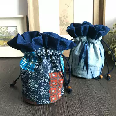 Handmade tie-dyed blue dye drawstring corset pocket portable diy pocket data cable jewelry small item storage bag