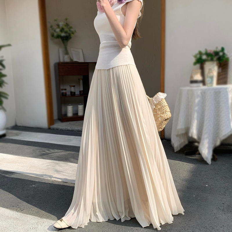 Tall Women's Extended Chiffon Skirt, New Summer Style, White Floor-Length Flared Skirt, Hip-Covering A-Line Pleated Skirt